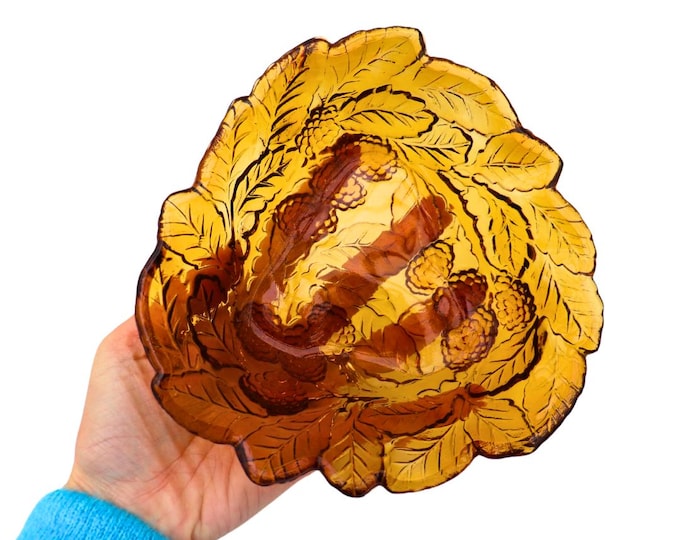 Mid Century Indiana Glass Amber Colour Embossed Loganberry Leaves Pattern Candy Bowl Dish