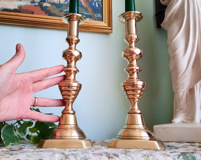 Antique Large Pair Of Victorian Beehive Brass Candlesticks Holders Pair H 27 cm