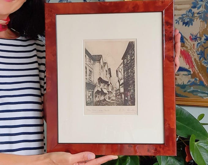 Antique Wooden Framed Authentic Etching Of The Shambles In York By R A Riseley
