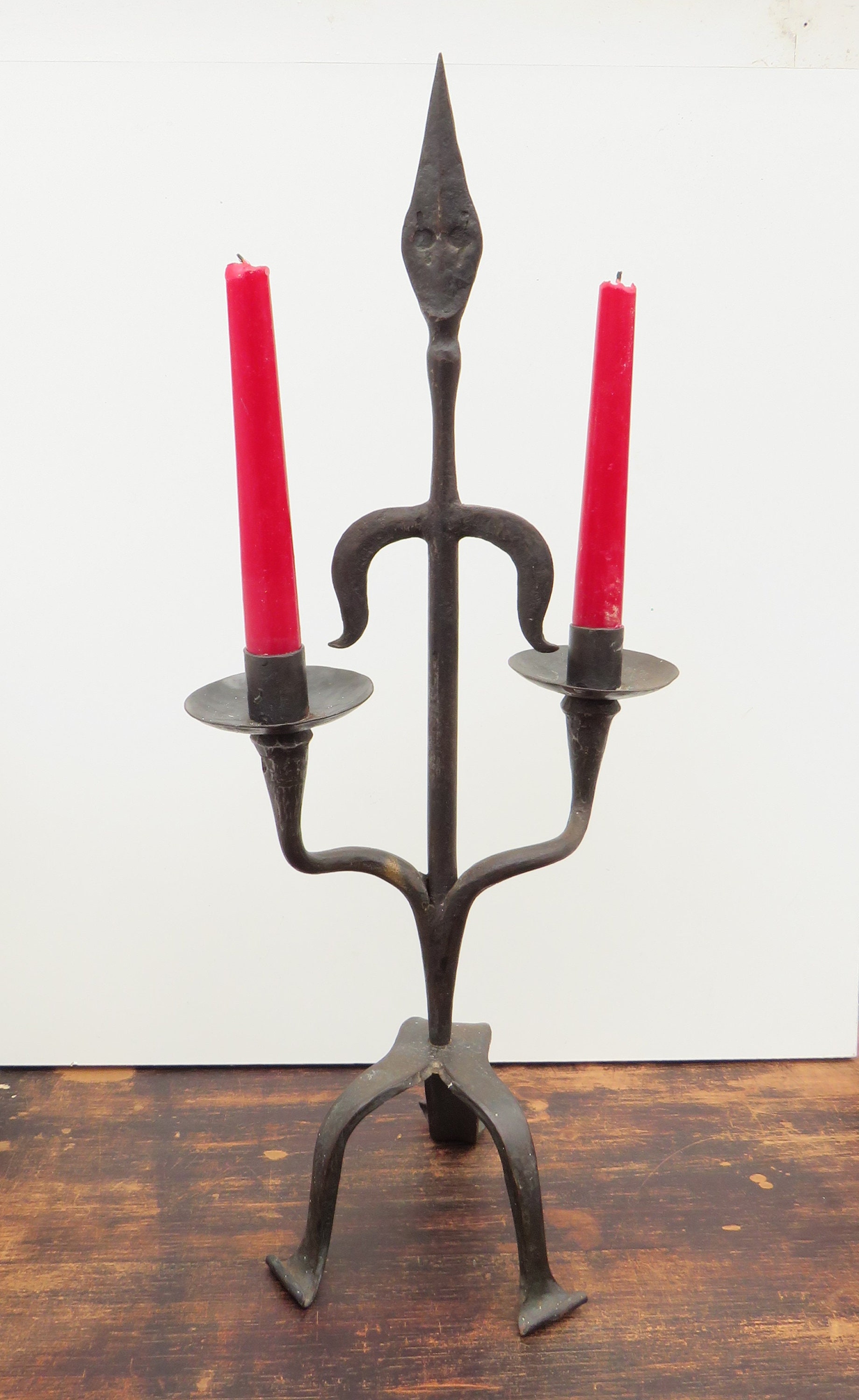 French Black Wrought Iron 2 Arms Candelabra .Medieval Rustic Candelabra