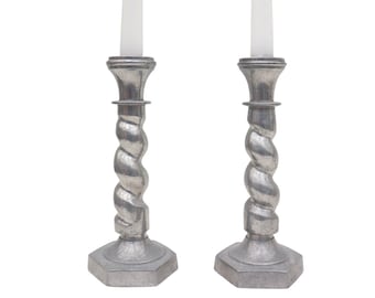 Vintage White Metal Barley Twisted Candle Holders Hexagonal Base H 22 cm, Silver Tone Candleholders