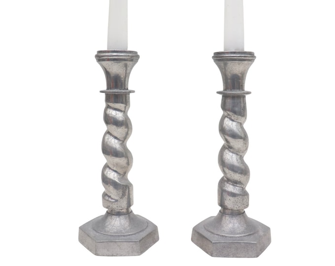 Vintage White Metal Barley Twist Candle Holders - Hexagonal Base