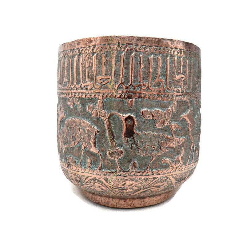 Antique Middle Eastern Hand Embossed Copper Jardiniere.Antique Embossed
