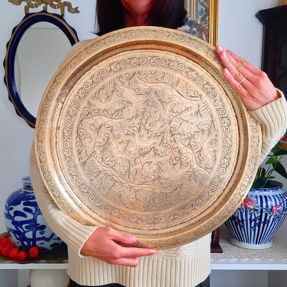 Large Antique Indian Hand Engraved Brass Tray With An Animal And Figural Design Diameter 20''