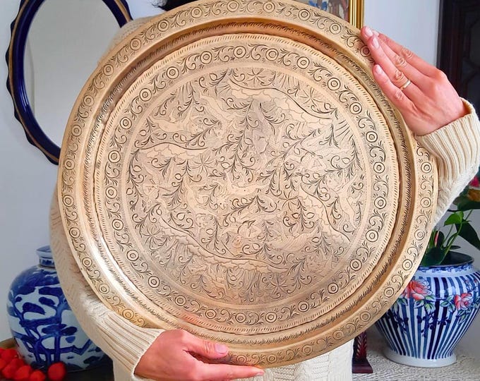 Large Antique Indian Hand Engraved Brass Tray With An Animal And Figural Design Diameter 20''