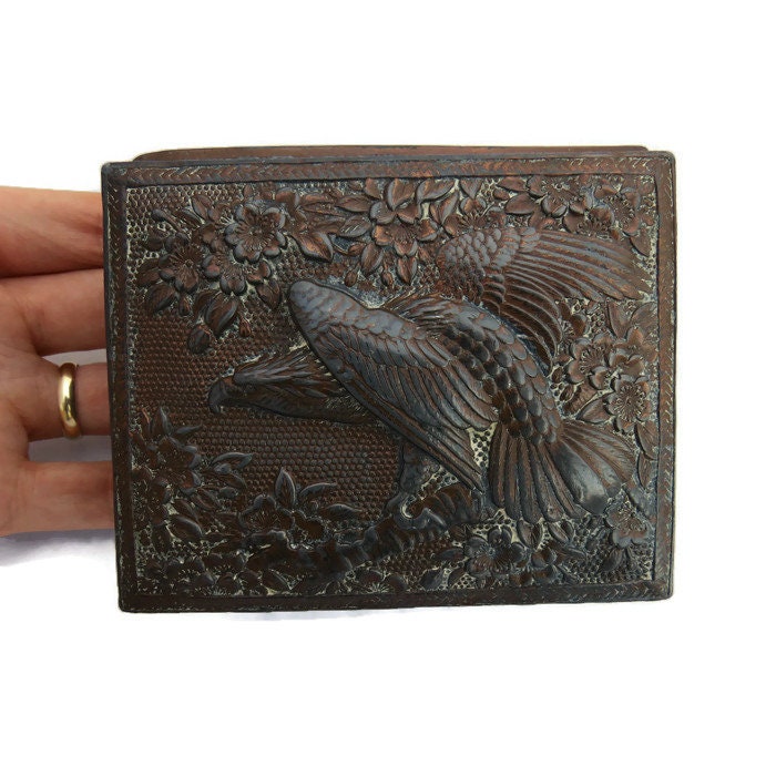 Antique Japanese Embossed Copper Trinket Box Jewellery Box.Embossed
