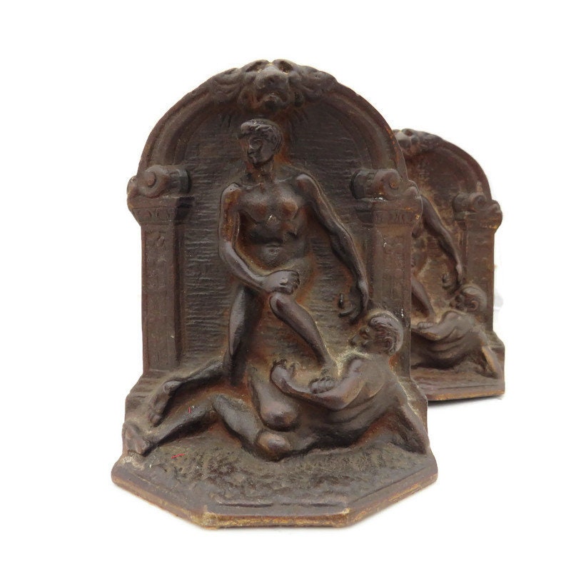 Antique Cast Iron Metal Bookend Pair BY Verona Classical Style Nude Men