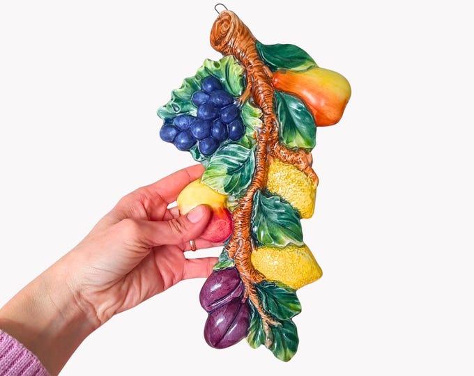 Vintage Italian Ceramic Bunch Fruits Wall Hanging Mediterranean Wall Decor H 12