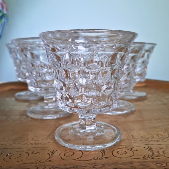 6 Mid Century Fostoria American Clear Sherbet Glasses Cubist Design