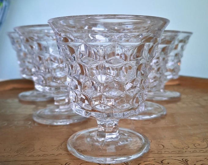 6 Mid Century Fostoria American Clear Sherbet Glasses Cubist Design
