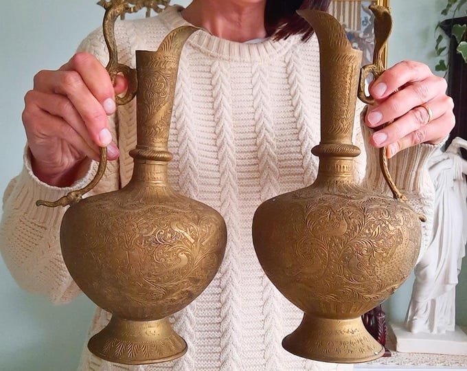 Large Pair Of Antique Indian Brass Vases With Cobra Handles And Hand-Engraved Decoration