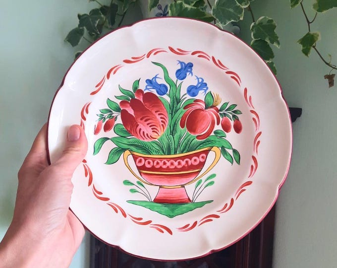 Vintage 50's French Saint Clemet Ceramic Hand Painted Tulips and Bluebells Faience Scalloped Plate