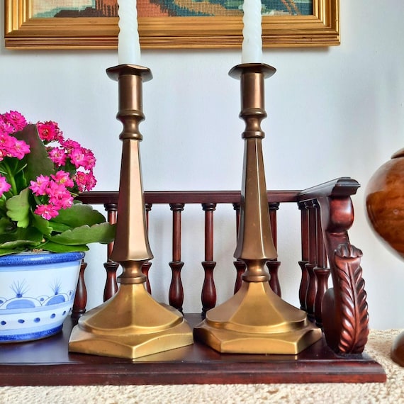 Antique Rare Two Tones Brass and Copper Candlesticks Holders Pair H 10'' Hexagonal Bases 1915