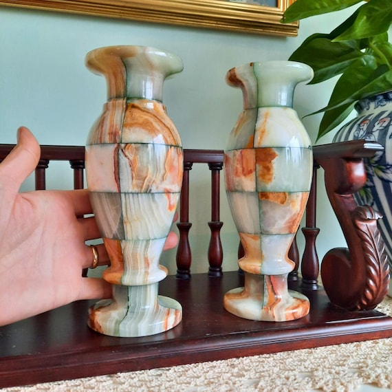 Vintage Green Onyx Checkboard Vases Pair Natural Stone Very Good Condition
