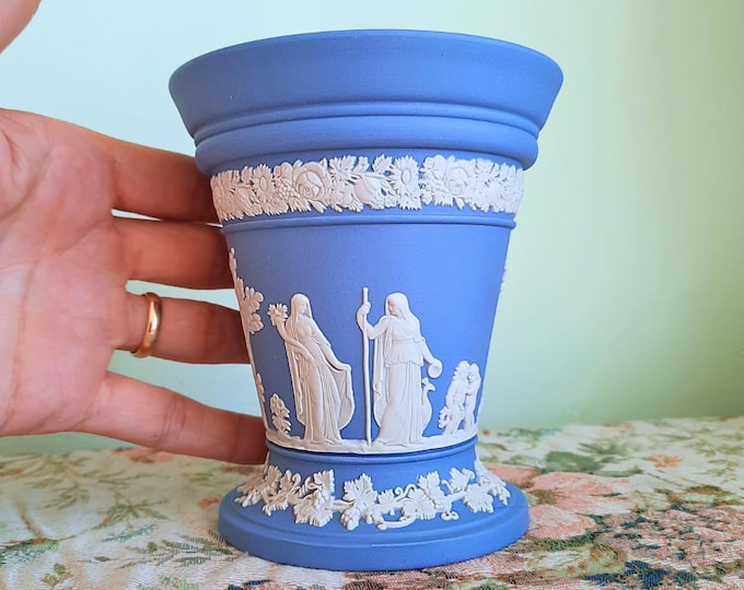 Vintage Wedgwood Blue and White Jasperware Vase With Frog Insert Neoclassical Decoration Made In England