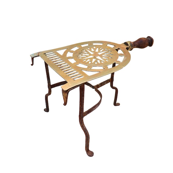 Georgian Pierced Brass and Iron Trivet With Oak Wooden Handle c 1780'S. .Antique Trivet, Georgian Home Decor, Quirky Plant Stand