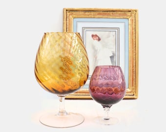 Mid Century Italian Empoli Glass Footed Vases, Large Amber Empoli Baloon Brandy Glass, Purple Brandy Baloon glass