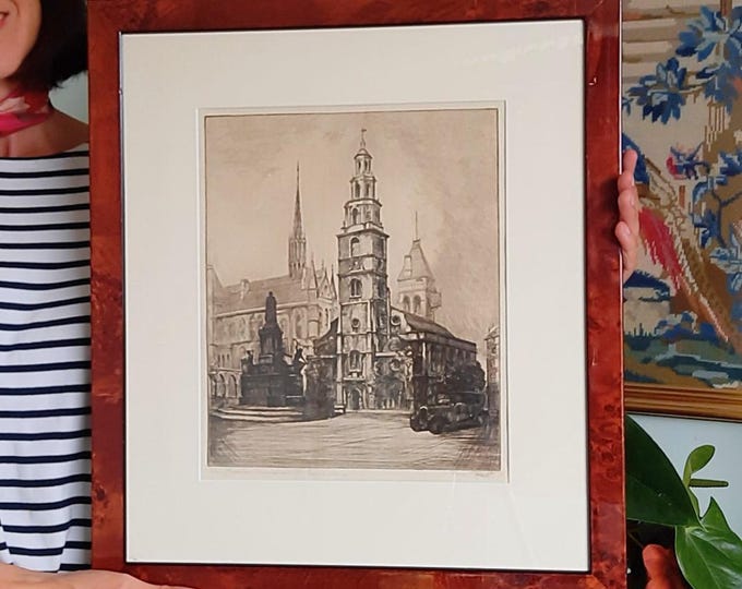 Antique Wooden Framed Authentic Etching Of St Clements Danes Church in London By Edward Cherry