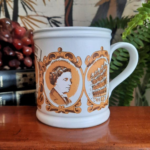 80's Denby Stoneware North West Mug Excellent Condition Depicting Liverpool, High Pear, Blackpool, Lewis Carrol, The Rows Chester