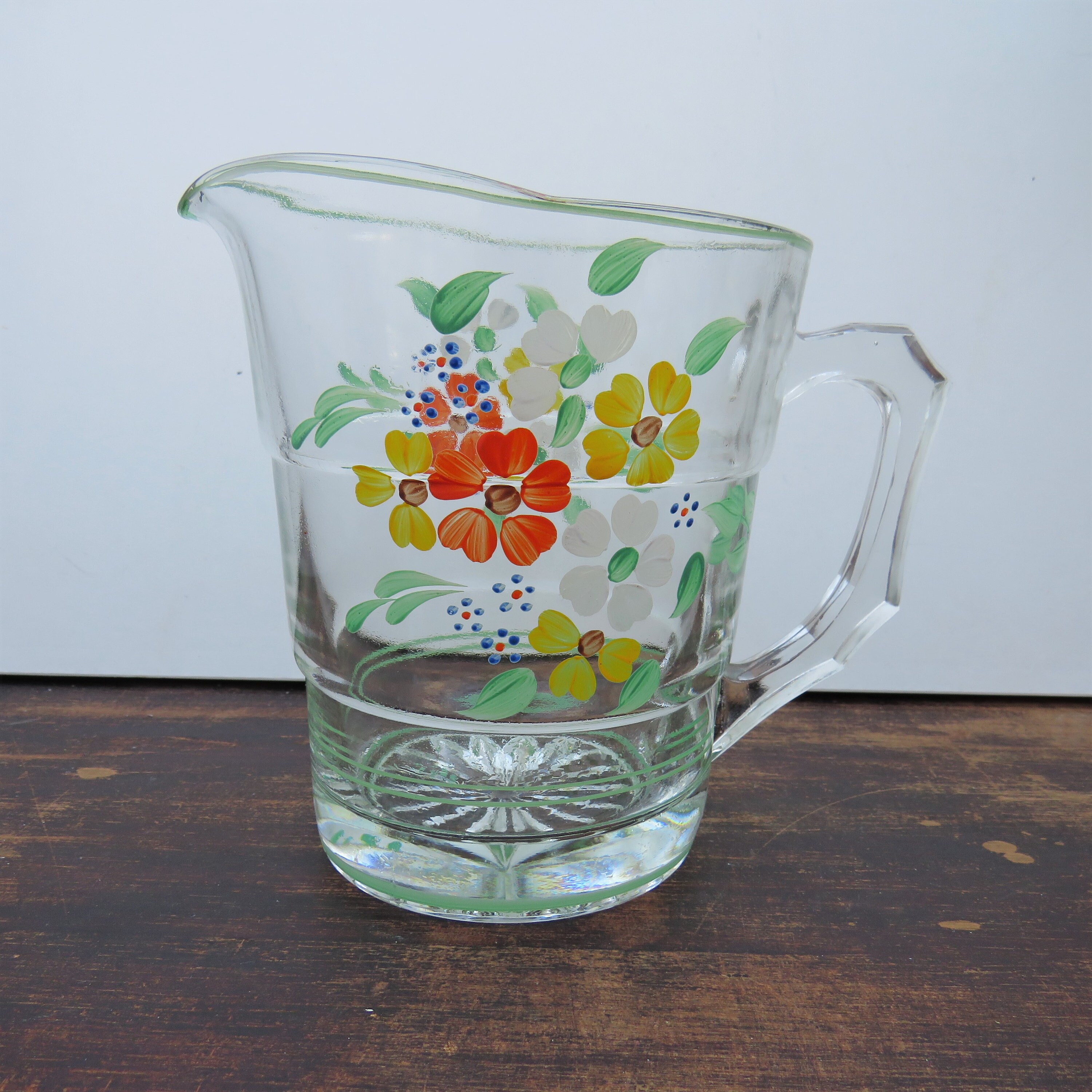 Vintage 1950's Hand Painted Glass Pitcher Jug .Floral Retro Water Jug