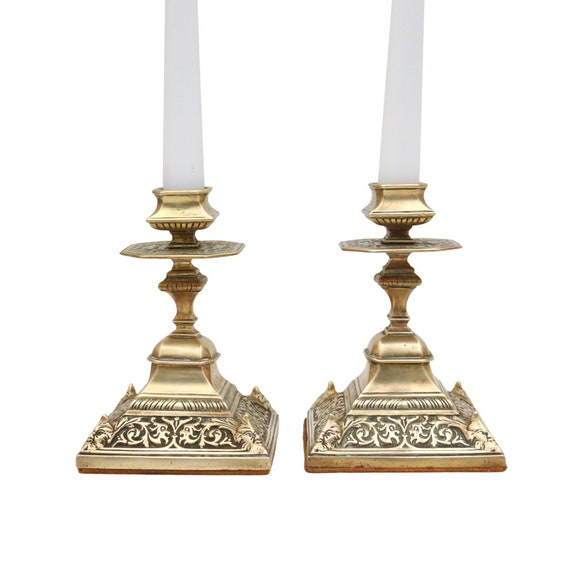 Victorian Gothic Revival Brass Candlesticks: William Tonks & Sons, C1880s