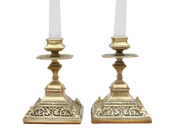 Victorian Gothic Revival Brass Candlesticks: William Tonks & Sons, C1880s