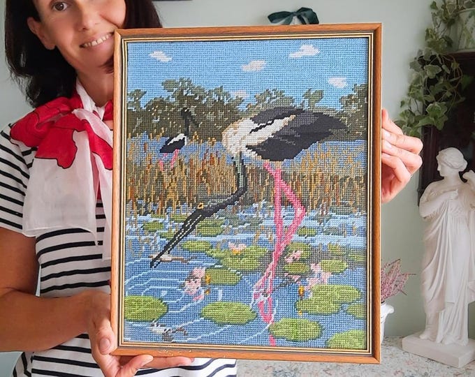 Vintage Oak Wooden Framed Needlepoint Of Black-Winged Stilt Birds 16'' Tall