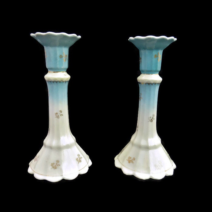 Antique Blue and White Ceramic Candle Holders .Victorian Porcelain
