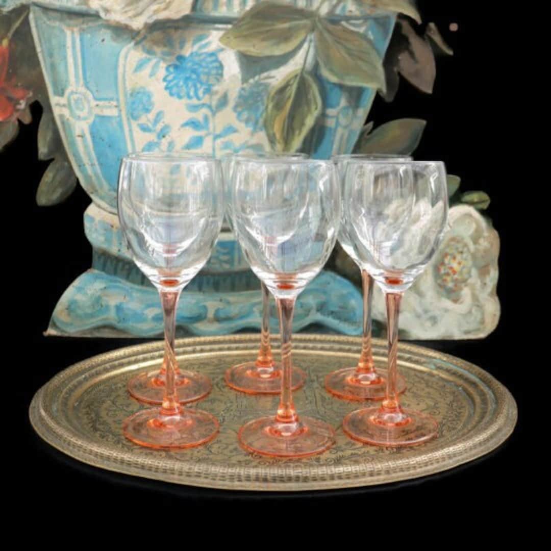 Mid Century Set of 6 Luminarc Wine Glasses With PINK Stem Etsy