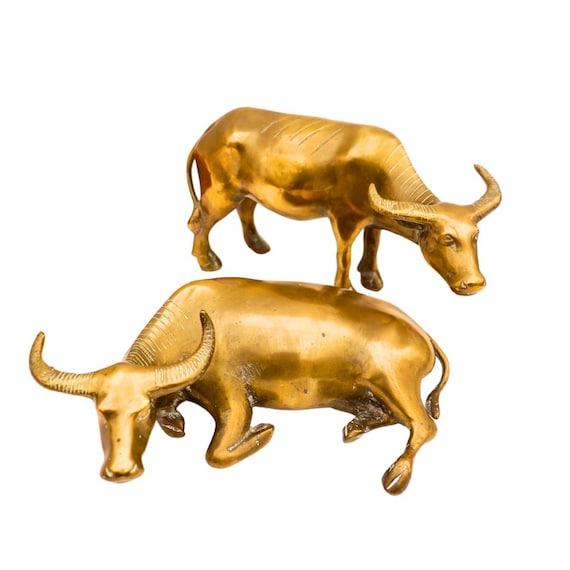 Large Asian Brass Water Buffalos Pair, Abundance Symbol Home Decor