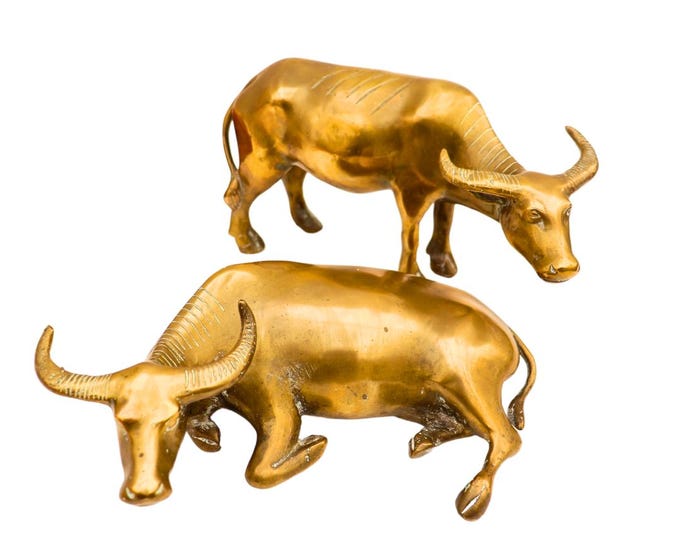 Large Asian Brass Water Buffalos Pair, Abundance Symbol Home Decor