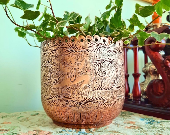 Antique Indian Brass Planter With Hand Engraved Figural and Floral Decoration 5.2'' Tall