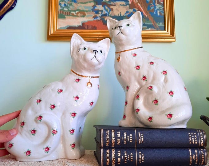 Vintage Arthur Wood Staffordshire Cats: Floral Mantle Pair, England