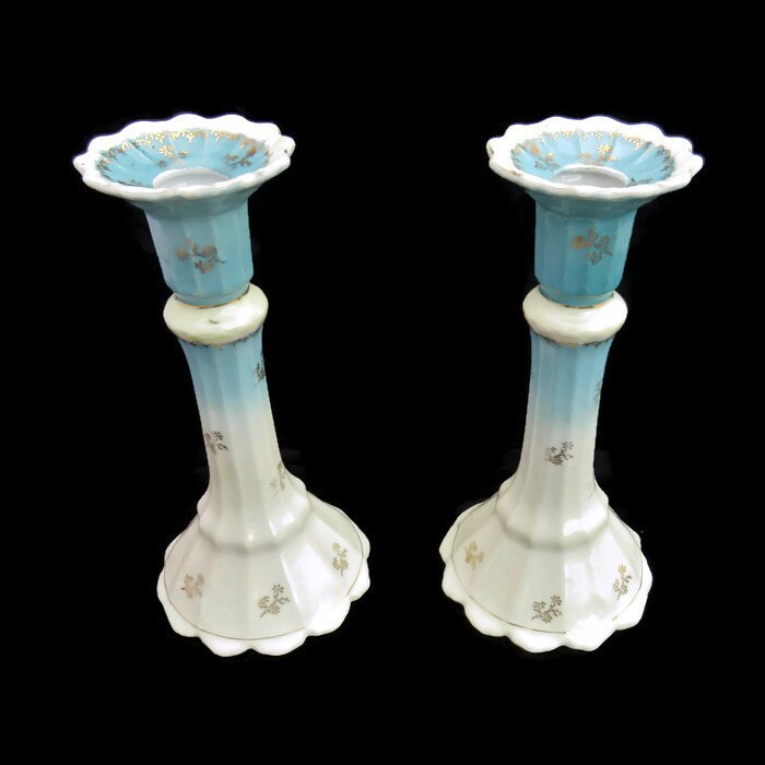 Antique Blue and White Ceramic Candle Holders .Victorian Porcelain