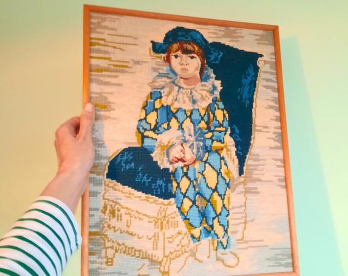 Vintage Oak Wooden Framed Needlepoint After Pablo Picasso's Harlequin H 19.5'' Tall