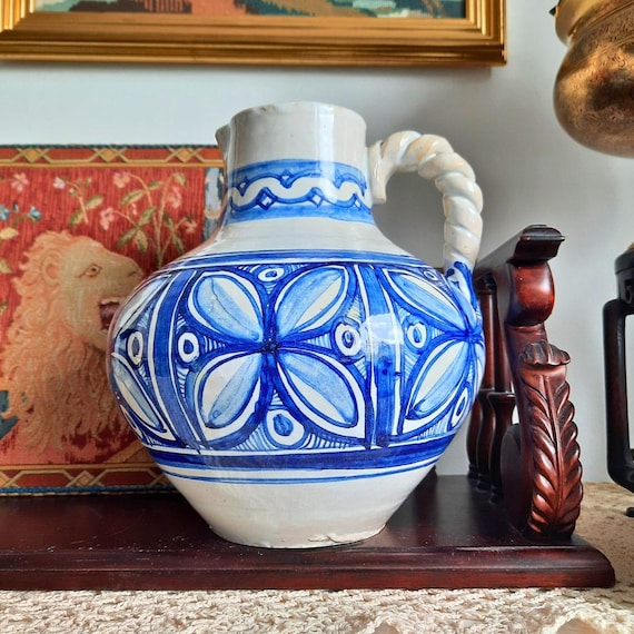 Large Spanish Hand-thrown Talavera Style La Pilarica Pottery Decorative Pitcher Jug