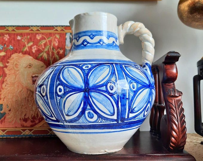 Large Spanish Hand-thrown Talavera Style La Pilarica Pottery Decorative Pitcher Jug