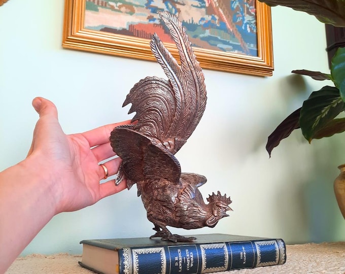 Large Mid Century Italian Silver Tone Metal Cockerel Rooster Statuette H 10.5''