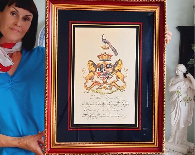 Vintage Ornate Wooden Framed Coat Of Arms Of Simon Hancourt Gesta Verbis Preavenient