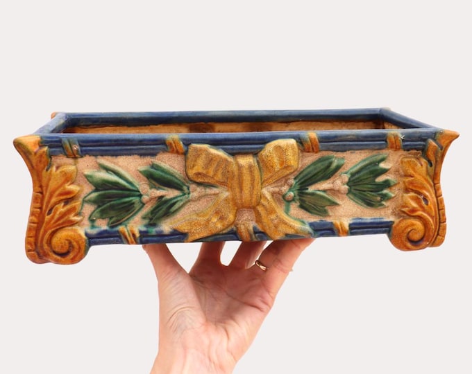 Art Nouveau Style Rectangular Ceramic Windowsill Planter Cachepot 13'' Long C 1970's.