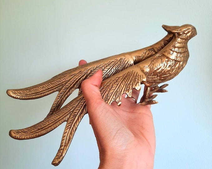 Large Mid-Century Brass Pheasants Figures Pair 11 in long, Metal Birds Figurines