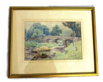 Framed Original Lanscape Bridge River Watercolour Painting Signed Cooke C 1920's H 55 cm W 69 cm