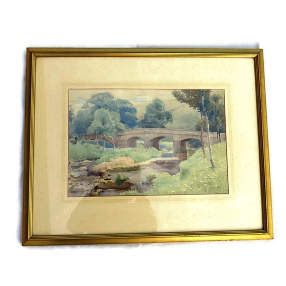 Framed Original Lanscape Bridge River Watercolour Painting Signed Cooke C 1920's H 55 cm W 69 cm