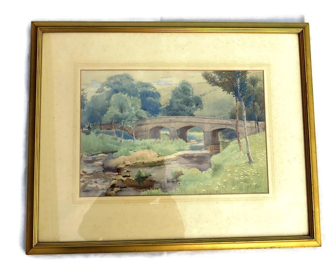 Framed Landscape Watercolour Painting: Bridge Over River, Signed J. Cooke, 1920s