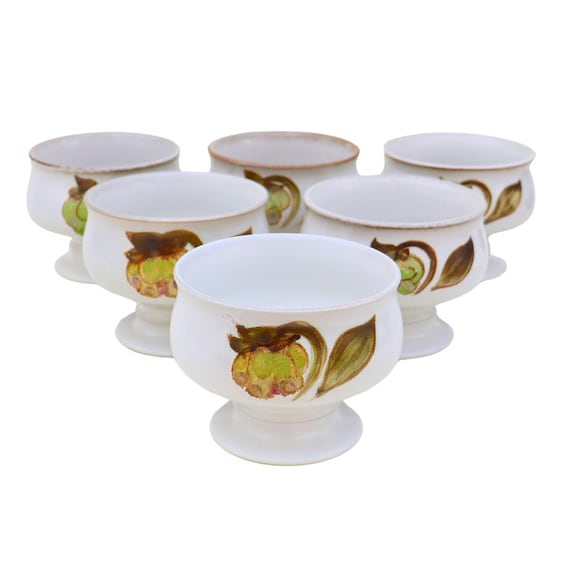 6 Mid Century Footed bowls by Denby  Troubador Patttern C 1970's, Retro Stoneware cottage core dessert bowls. Prawn Cocktail bowls