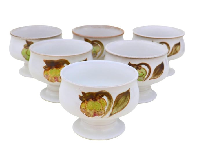Mid Century Denby Troubadour Footed Bowls: 1970s Retro Stoneware, Set of 6