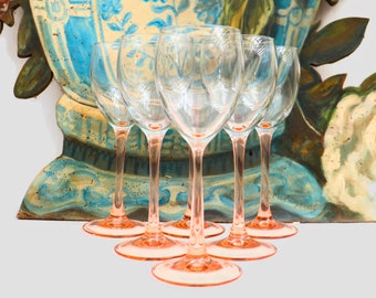 Mid Century Set of 6 Luminarc white wine glasses with PINK stem , Retro  wine glasses , French Wine Glasses