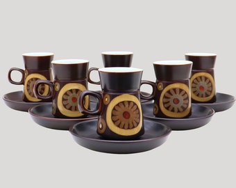 6 Mid Century coffee cups and saucers by Denby  Arabesque Patttern C 1970's, Retro Stoneware coffee cups and saucers
