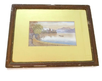 Antique Golden Framed Gouache Lake Landscape C Late 1800's.