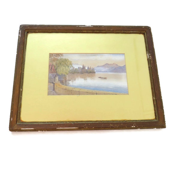 Antique Golden Framed Gouache Lake Landscape C Late 1800's.